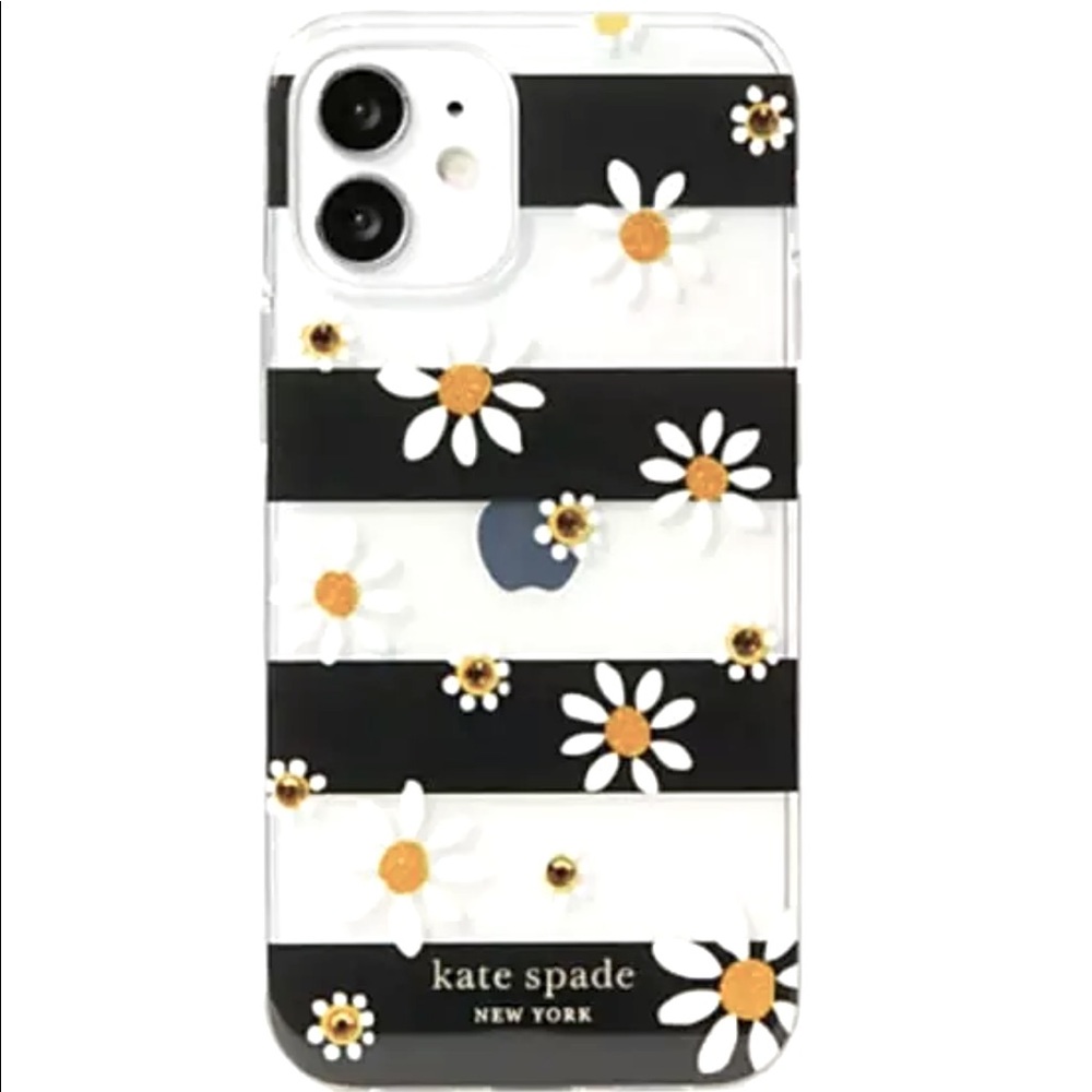 NWT Kate Spade iPhone 12 Mini Case, Black Stripes, Daisies with Gold Rhinestones